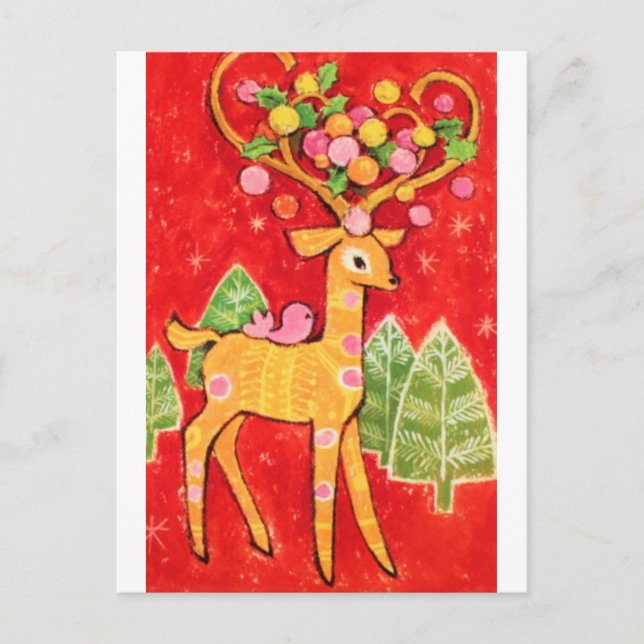 Beautiful Vintage Christmas Reindeer Holiday Postcard (Front)
