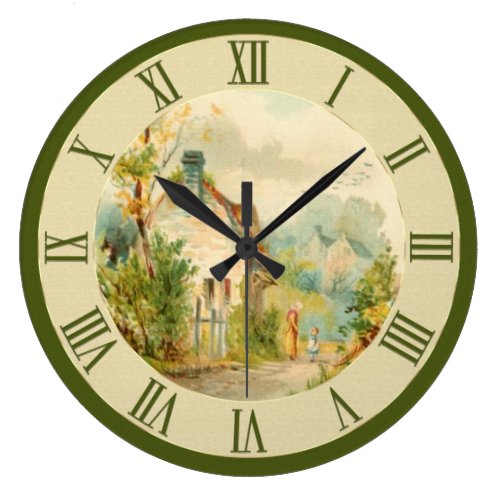 Beautiful Vintage Country Cottage Scene Green Large Clock