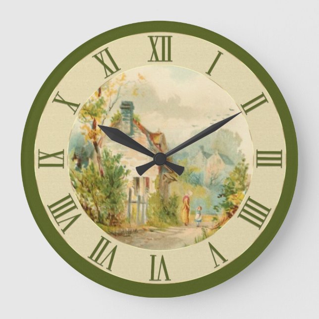 Beautiful Vintage Country Cottage Scene Green Large Clock (Front)