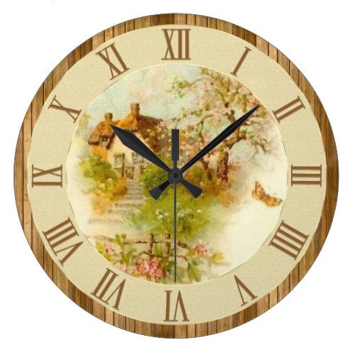 Beautiful Vintage Country Cottage Scene Wood Large Clock