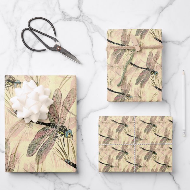 Beautiful Vintage Dragonfly Pattern Flat Wrapping Paper Sheets (Front)