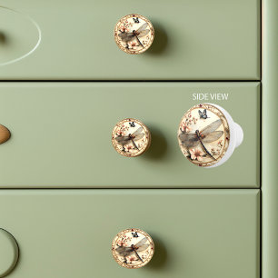 Beautiful Vintage Dragonfly Pink Flowers Butterfly Ceramic Knob