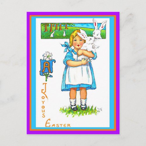 Beautiful Vintage Easter Girl   Easter Bunny copy Postcard