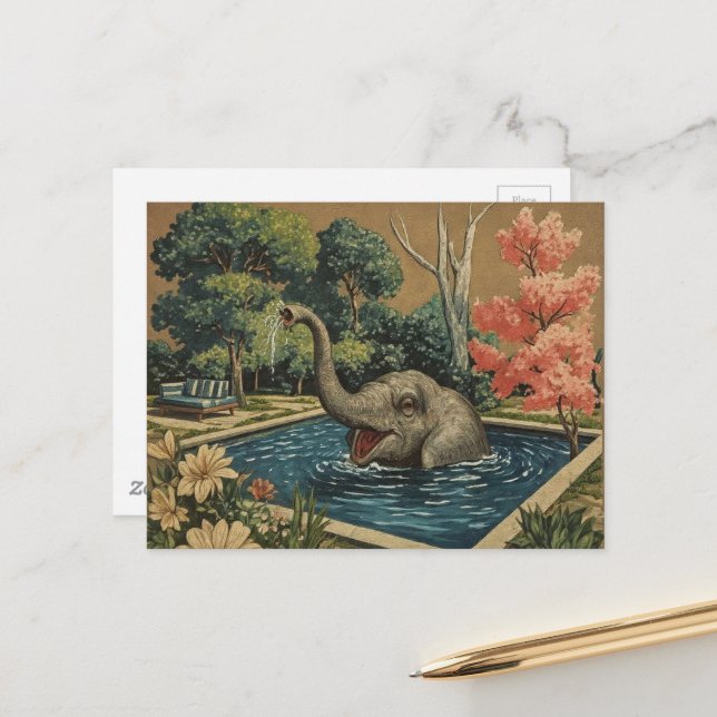 Beautiful Vintage Elephant in the pool Postcard (Front/Back In Situ)