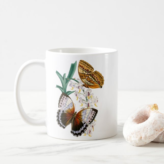 Beautiful Vintage Floral Butterfly Illustration Coffee Mug (With Donut)