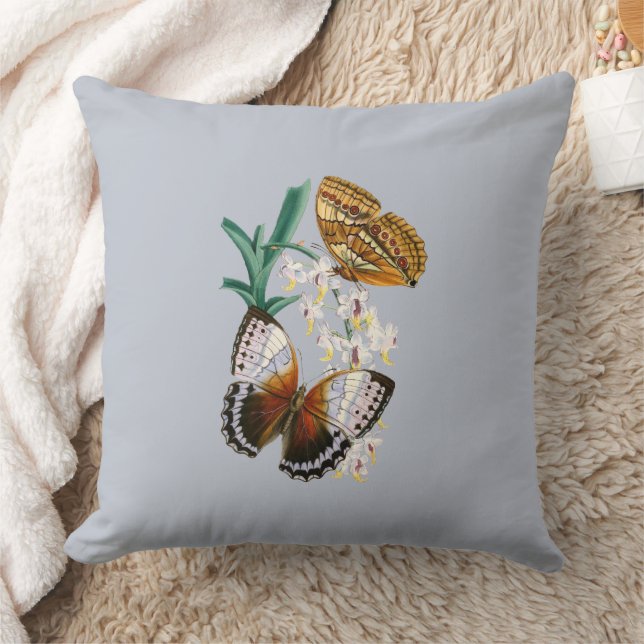 Beautiful Vintage Floral Butterfly Illustration Throw Pillow (Blanket)