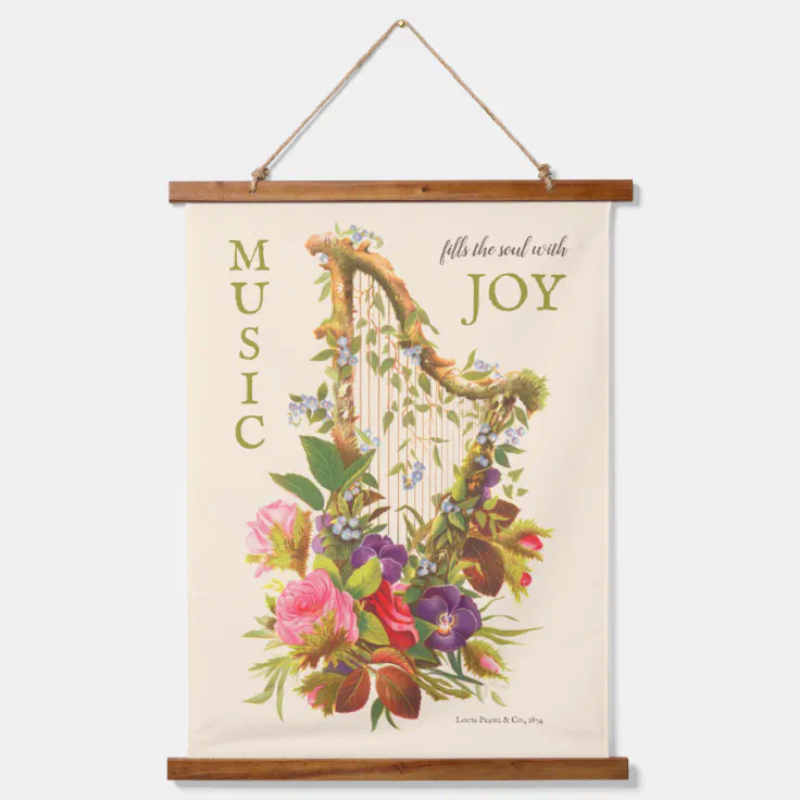 Beautiful vintage floral harp Music quote CC1218 Hanging Tapestry (Front)