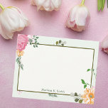 Beautiful Vintage Floral Personalized Stationary Note Card<br><div class="desc">Pretty pink and orange flowers with green vines decorate this beautiful vintage floral note card. Personalize this desk stationary for an old fashioned receptionist or girly friend who loves monogram gifts.</div>