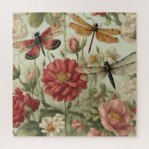 Beautiful Vintage Flowers and Dragonflies  Jigsaw Puzzle