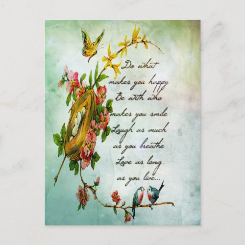 Beautiful vintage flowery tree branch with birds postcard