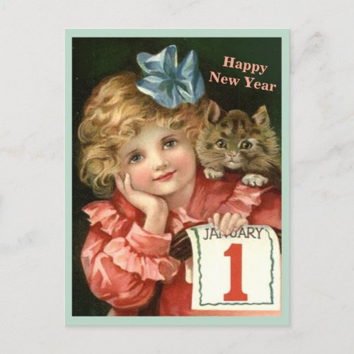 Beautiful Vintage Girl  Kitten copy New Year  Postcard