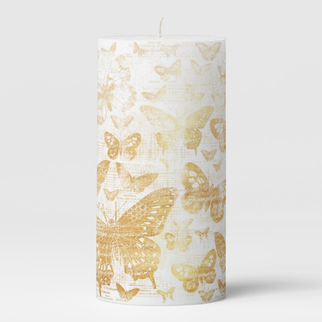 beautiful vintage gold, butterflies pattern, golde pillar candle (Front)