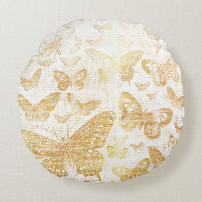 beautiful vintage gold, butterflies pattern, golde round pillow (Front)