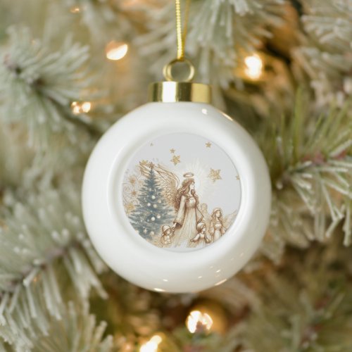 Beautiful Vintage Guardian Angel with Children  Ceramic Ball Christmas Ornament