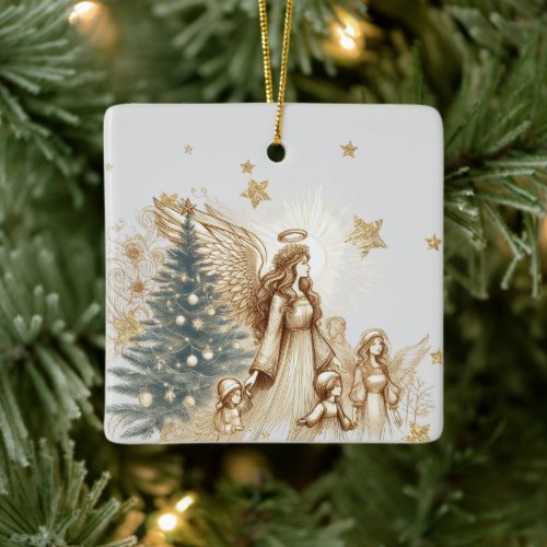 Beautiful Vintage Guardian Angel with Children  Ceramic Ornament