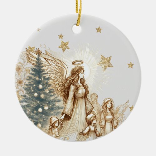 Beautiful Vintage Guardian Angel with Children  Ceramic Ornament
