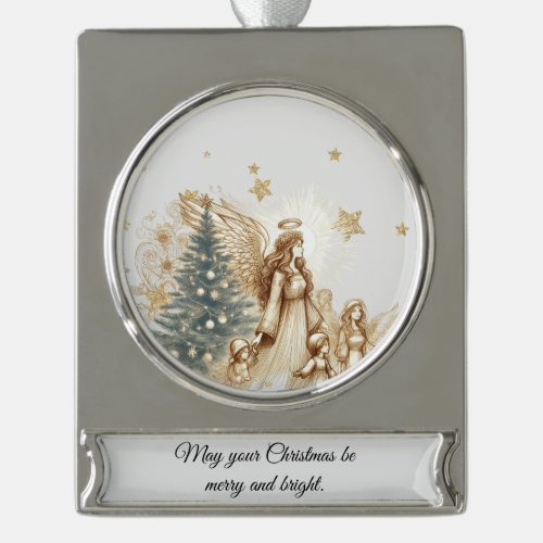 Beautiful Vintage Guardian Angel with Children  Silver Plated Banner Ornament