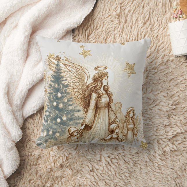 Beautiful Vintage Guardian Angel with Children  Throw Pillow (Blanket)