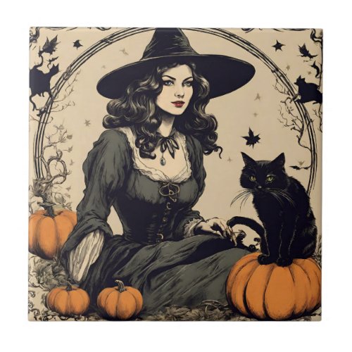 Beautiful Vintage Halloween Witch with Black Cat Ceramic Tile