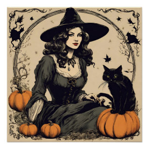 Beautiful Vintage Halloween Witch with Black Cat Poster