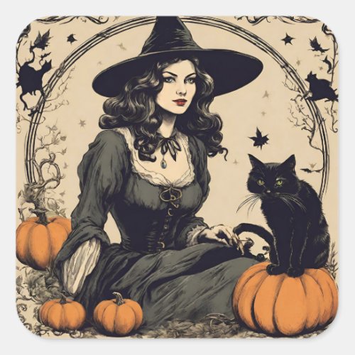 Beautiful Vintage Halloween Witch with Black Cat Square Sticker