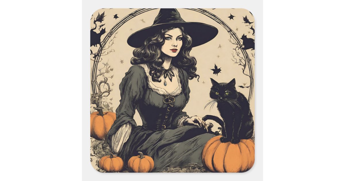 Beautiful Vintage Halloween Witch with Black Cat Square Sticker | Zazzle
