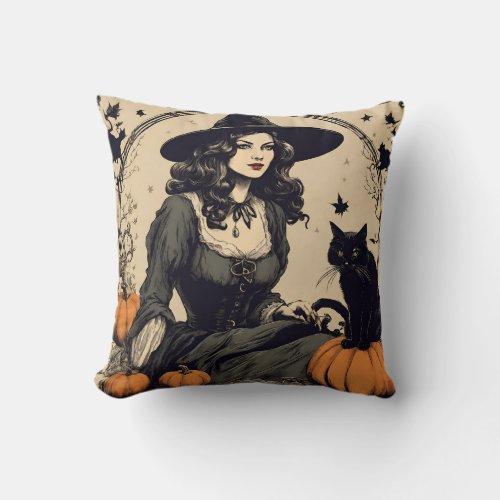 Beautiful Vintage Halloween Witch with Black Cat Throw Pillow