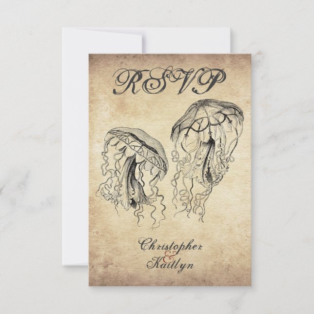 Beautiful Vintage Jellyfish Beach Wedding RSVP Card (Front)