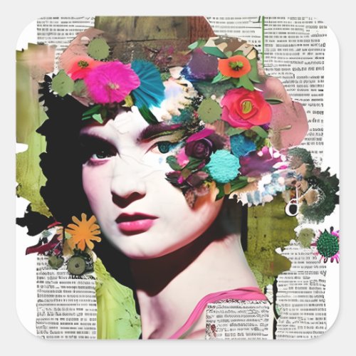 Beautiful Vintage Lady Paper Collage Newspaper Square Sticker