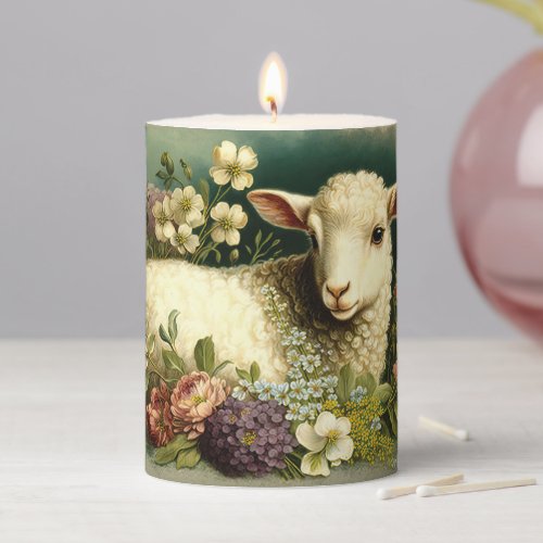 Beautiful Vintage Lamb With Flowers Pillar Candle