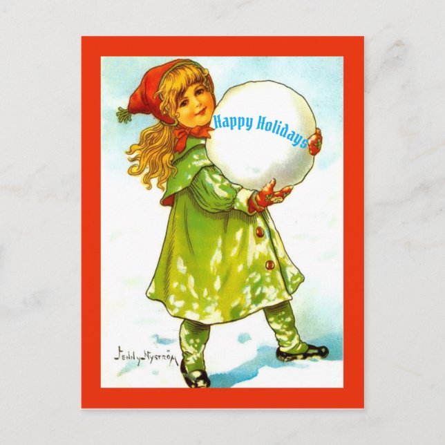 Beautiful Vintage Little Girl Happy Holidays Snow Postcard (Front)