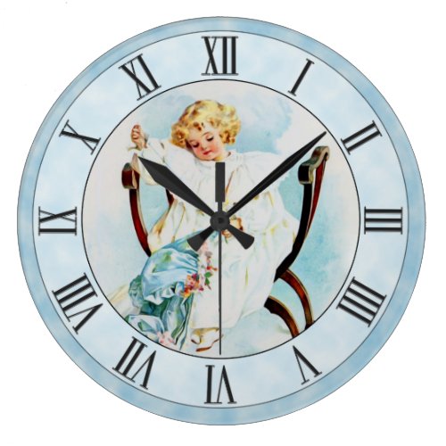 Beautiful Vintage Maud Humphrey Sewing Girl Blue Large Clock