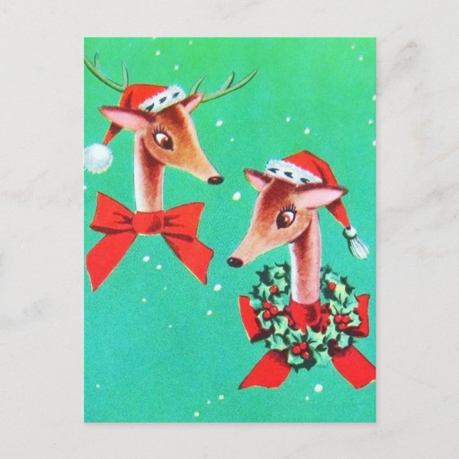 Beautiful Vintage Mid Century Reindeer Postcard (Front)