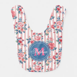 Beautiful vintage monogram roses floral stripes baby bib