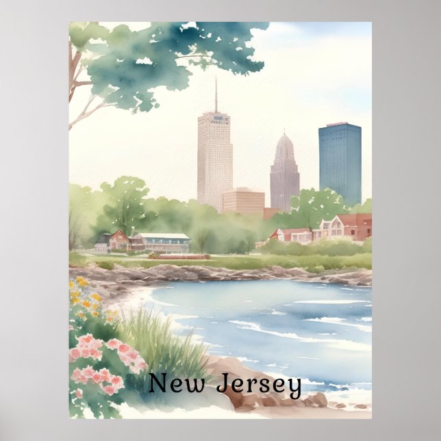 Beautiful Vintage New Jersey Watercolor Art Poster (Front)