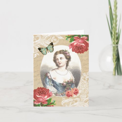 Beautiful vintage note card with lady and roses