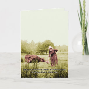 BEAUTIFUL VINTAGE PHOTO 1910'S WOMAN FEEDING COW CARD