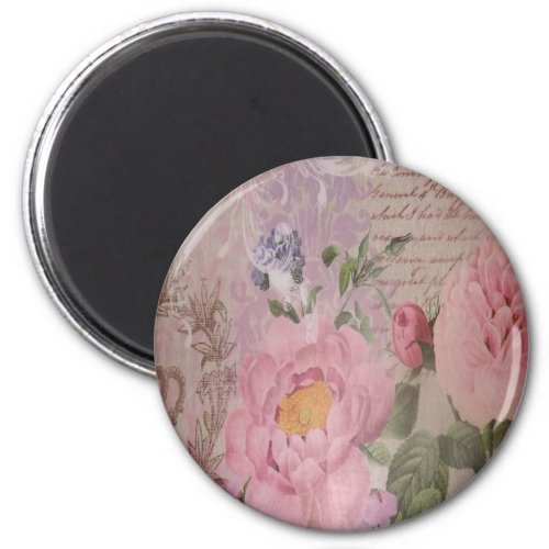 Beautiful vintage pink and blue roses and flowers magnet