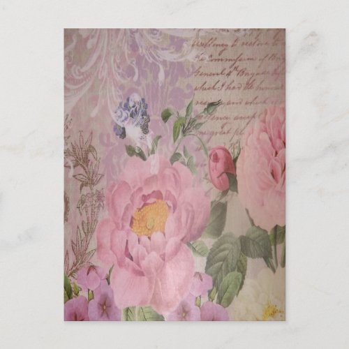 Beautiful vintage pink and blue roses and flowers postcard