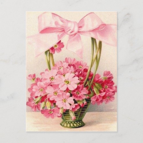 Beautiful Vintage Pink Flowers in Green Basket Postcard