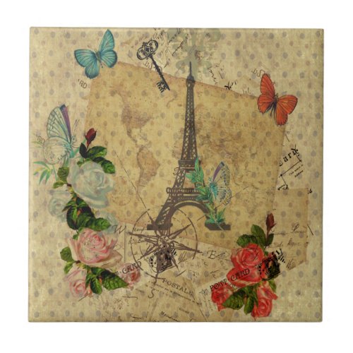 Beautiful vintage post cards collage Eiffel tower Ceramic Tile