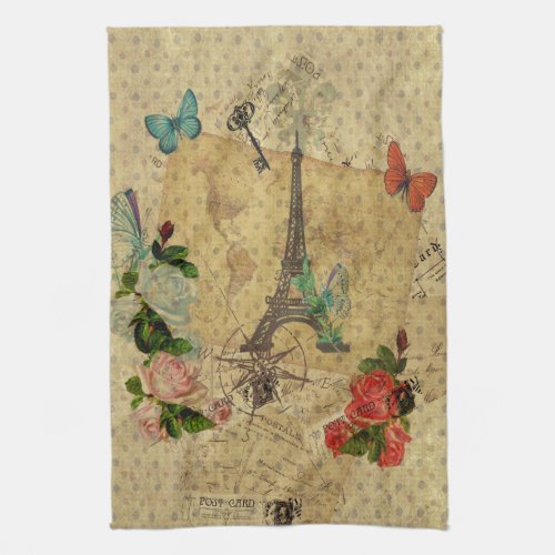 Beautiful vintage post cards collage Eiffel tower Towel