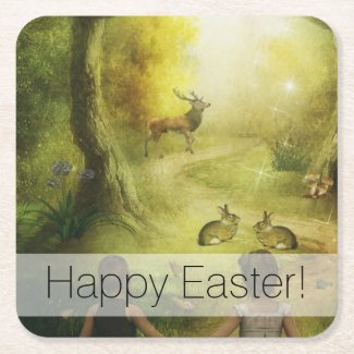 Beautiful Vintage Rabbit Woodland Scene Easter Square Paper Coaster