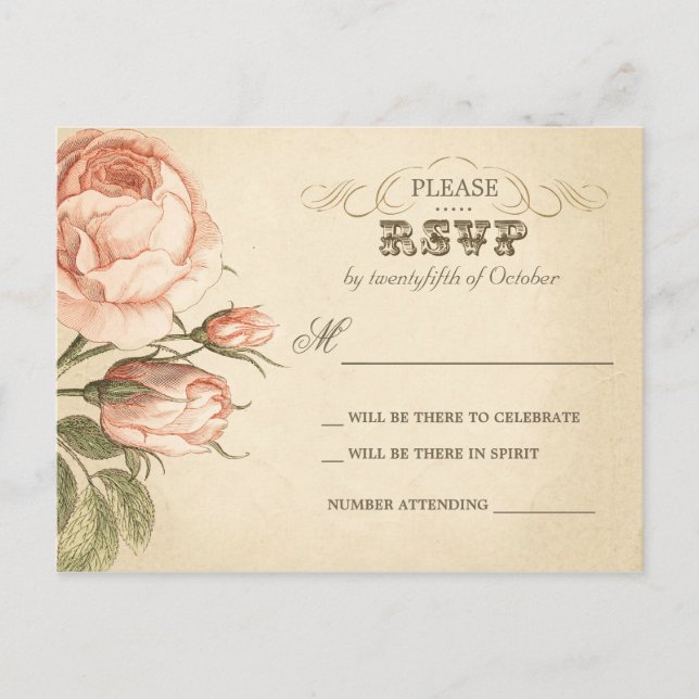 beautiful vintage roses wedding rsvp postcards (Front)