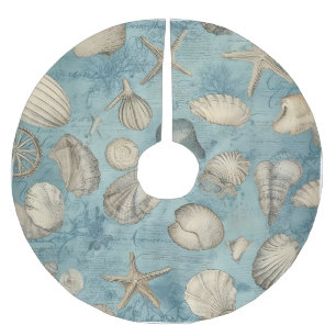 Beautiful Vintage Seashells In Blue Brushed Polyester Tree Skirt