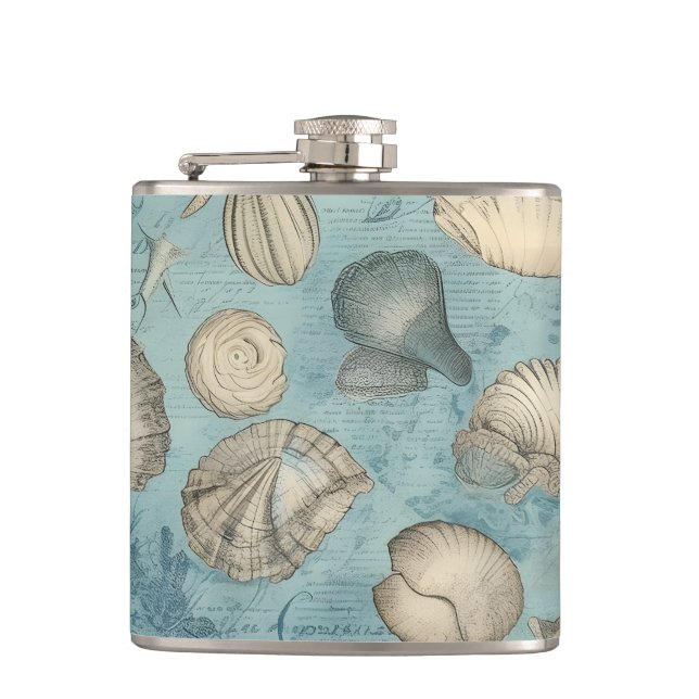 Beautiful Vintage Seashells In Blue Flask (Front)