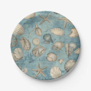 Beautiful Vintage Seashells In Blue Paper Plates