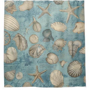 Beautiful Vintage Seashells In Blue Shower Curtain