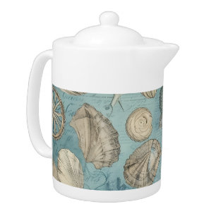 Beautiful Vintage Seashells In Blue Teapot