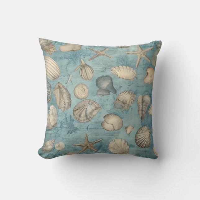 Beautiful Vintage Seashells In Blue Throw Pillow (Front)